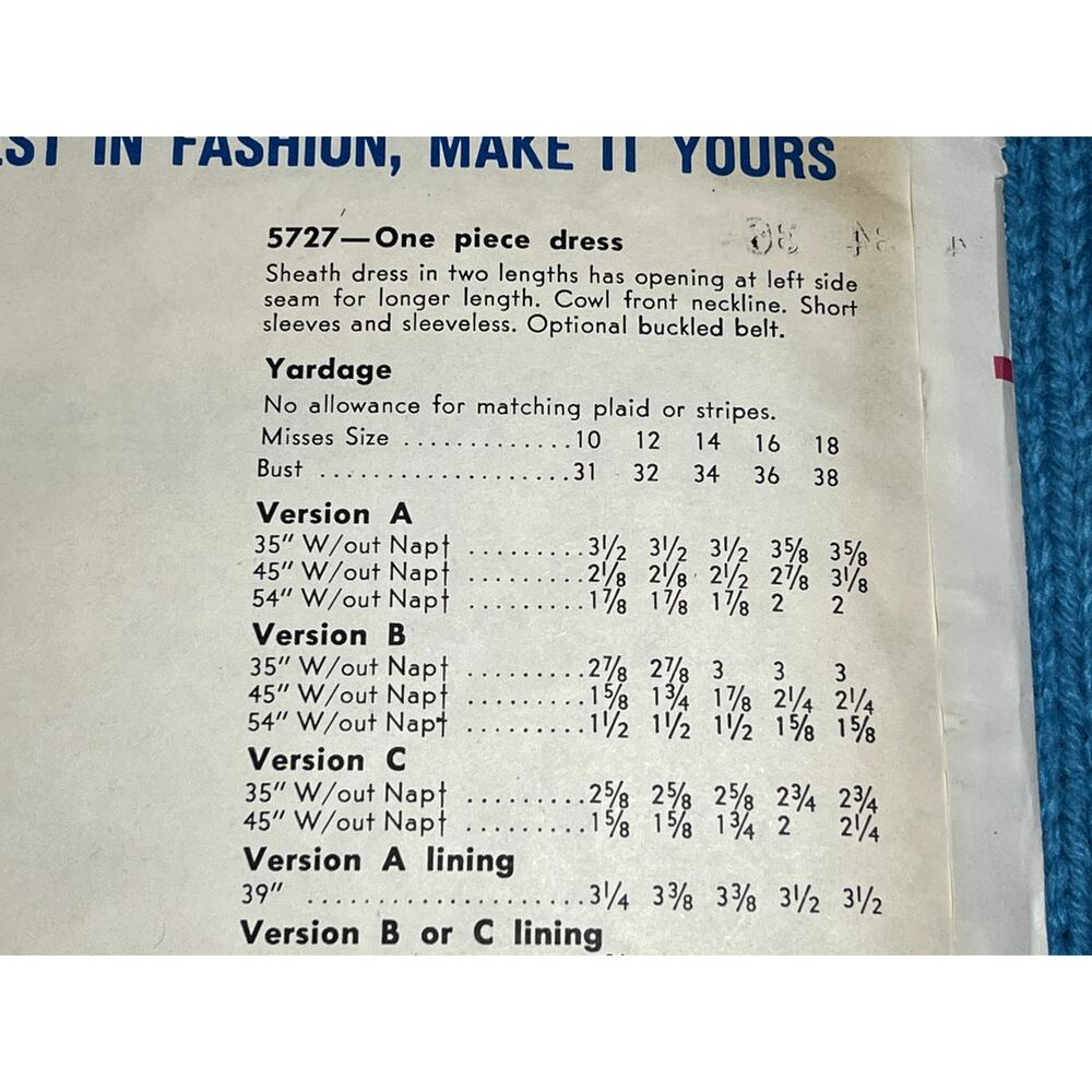Vogue Pattern 5727 dress bodycon cowl neck 1960s sz 14 bust 34 - Picture 4 of 7